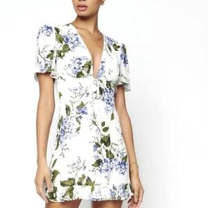 Reformation Cressida cream/blue floral short sleeve dress